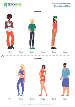 ESL Describing Appearance Activity preview for Intermediate B1 showing pair drawing and speaking task