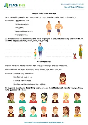 ESL Describing People Lesson preview for Pre-intermediate A2 showing writing, gap-fill, drawing and guessing activities