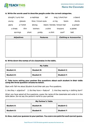ESL Describing Appearance Game preview for Elementary A1-A2 showing vocabulary categorising and guessing classmates