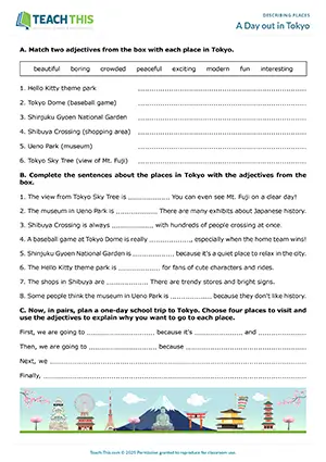 ESL Describing Places Worksheet preview for Pre-intermediate A2 showing matching adjectives and planning a trip