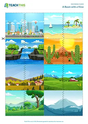 ESL Describing Places Activity preview for Intermediate B1 showing matching picture halves and writing descriptions