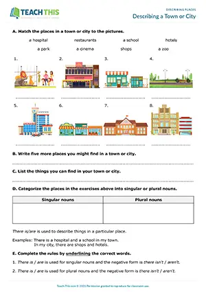 ESL Describing Places Worksheet preview for Elementary A1-A2 showing matching, listing, and sentence activities