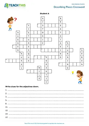 ESL Describing Places Activity preview for Advanced C1 showing crossword, clue writing, and guessing adjectives