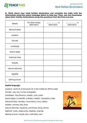 ESL Describing Places Activity preview for Intermediate B1 showing reading, making notes, and discussion of holiday destinations