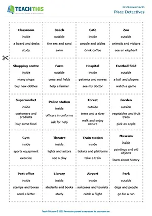 ESL Describing Places Game preview for Elementary A1-A2 showing card clues and guessing locations