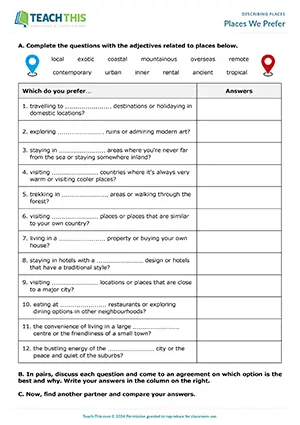 ESL Describing Places Activity preview for Upper-intermediate B2 showing gap-fill and pair guided discussion