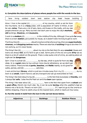 ESL Describing Places Worksheet preview for Pre-intermediate A2 showing gap-fill, categorizing, and conversation questions