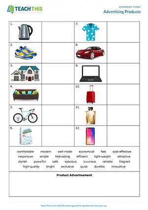 ESL Describing Products Activity preview for Upper-intermediate B2 showing adjectives and product advertisements