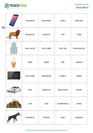 ESL Describing Things Game preview for Upper-intermediate B2 showing adjective cards and matching picture descriptions