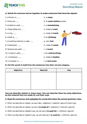 ESL Describing Objects Worksheet preview for Intermediate B1 showing matching, categorising, and oral descriptions