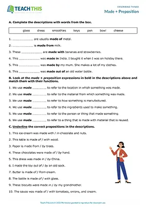 ESL Describing Things Worksheet preview for Pre-intermediate A2 showing gap-fill and preposition matching