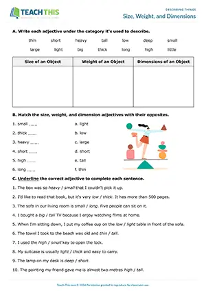 ESL Describing Objects Worksheet preview for Elementary A1-A2 showing vocabulary categorising and sentence completion