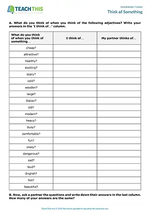 ESL Describing Things Activity preview for Pre-intermediate A2 showing word association with adjectives