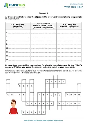 ESL Describing Things Activity preview for Pre-intermediate A2 showing crossword clues and object guessing