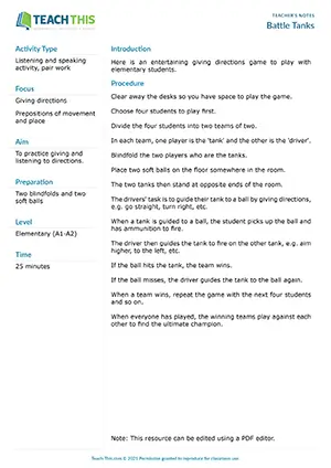 ESL giving directions game for A1-A2 elementary: giving and following directions, speaking, pair work, classroom activity