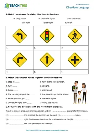 ESL giving directions worksheet for A2 pre-intermediate: matching, gap-fill, writing sentences, prepositions, pair work
