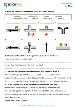 ESL giving directions worksheet for A1-A2 elementary: matching, unscrambling, error correction, map drawing, pair practice