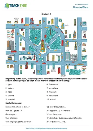 ESL giving directions activity for A2 pre-intermediate: asking for and giving directions, town map, pair work