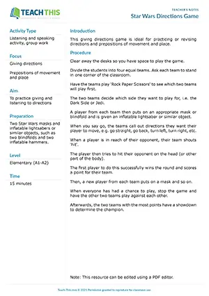 ESL directions game for A1-A2 elementary: giving and following directions, listening, group game, Star Wars theme