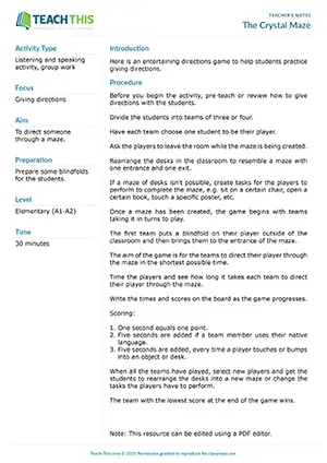 ESL directions game for A2 pre-intermediate: giving and following directions, classroom maze, group practice