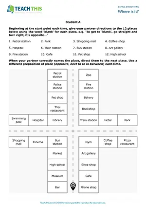 ESL giving directions activity for A1-A2 elementary: giving directions, prepositions of place, pair work, finding places