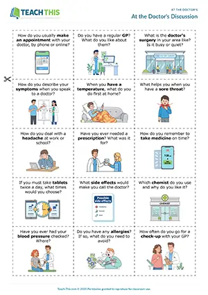 ESL At the Doctor's activity for B1 intermediate: asking and answering questions, guided discussion, freer practice, group work