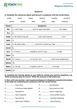 ESL medical vocabulary activity for C1 advanced: gap-fill, information gap, matching, asking and answering questions, controlled practice