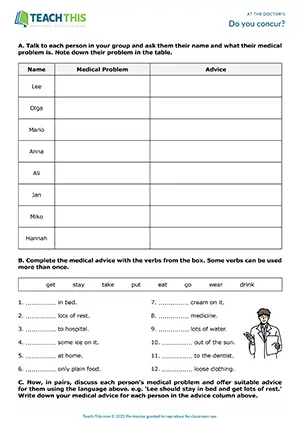 ESL At the Doctor's activity for A2 pre-intermediate: role-play, asking and answering questions, gap-fill, discussion, writing sentences