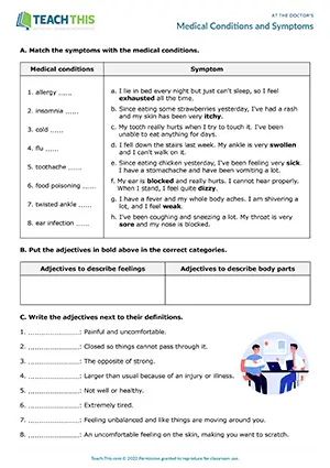 ESL health vocabulary worksheet for C1 advanced: matching, categorising, gap-fill, medical conditions, symptoms, practice