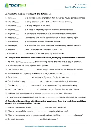 ESL medical vocabulary worksheet for B2 upper-intermediate: matching definitions, gap-fill, asking and answering questions, pair work