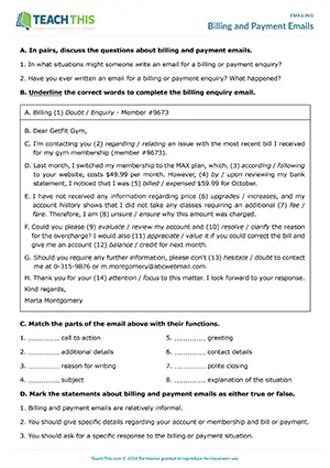 ESL Emailing Worksheet preview for Upper-intermediate B2 showing billing, payment, and enquiry email writing