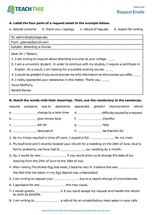 ESL Request Emails Worksheet preview for Intermediate B1 showing request structure and vocabulary