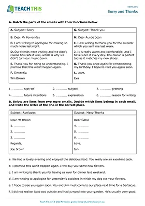 ESL Emailing Worksheet preview for Pre-intermediate A2 showing matching, ordering, and email writing