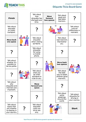 ESL Etiquette and Manners Board Game preview for Upper-intermediate B2 showing board squares, trivia, and impromptu speech