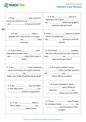 ESL Etiquette and Manners Activity preview for Upper-intermediate B2 showing completing asking and answering questions, discussion, freer and communicative practice, group work