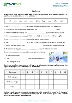 ESL Manners and Etiquette Activity preview for Pre-intermediate A2 showing sentence completion and agreement guessing