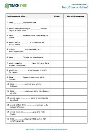 ESL Both, Either and Neither Activity preview for Intermediate B1 showing prompts and classroom survey