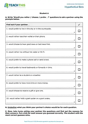 ESL Expressing Preferences Game preview for Intermediate B1 showing Would you rather... activity