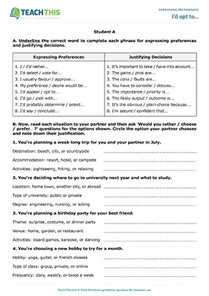 ESL Expressing Preferences Activity preview for Upper-intermediate B2 showing binary choice and justifying preferences