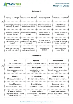 ESL Expressing Preferences Game preview for Upper-intermediate B2 showing option cards and preference phrases