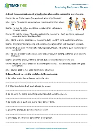 ESL Expressing Preferences Worksheet preview for Upper-intermediate B2 showing error correction and dialogue practice