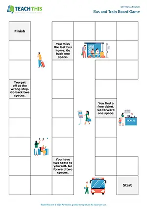 ESL Bus and Train Travel Board Game preview for Upper-intermediate (B2) with group work, multiple choice, and guessing vocabulary