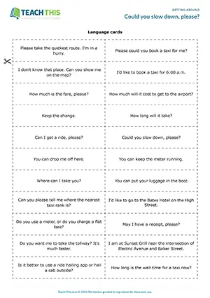 ESL Taxi Language Game preview for Intermediate (B1) with pair work and matching taxi situations to vocabulary
