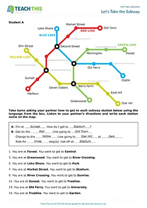 ESL Subway Travel Activity preview for Elementary (A1-A2) with pair work and information gap speaking using a subway map