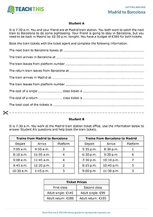 ESL Train Travel Role-Play preview for Pre-intermediate (A2) with pair work, booking tickets, and communicative practice
