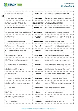 ESL Train Travel Game preview for Upper-intermediate (B2) with pair work, matching, and sentence formation