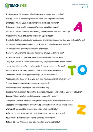 ESL getting to know you icebreaker for B2 upper-intermediate: alphabet cards, group discussion