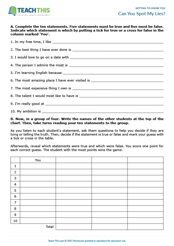 ESL icebreaker game for B1 intermediate: true or false statements, asking questions, group work