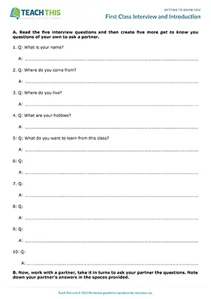 ESL first day of class activity for A1-A2 elementary: writing, asking and answering questions, introduction, pair work