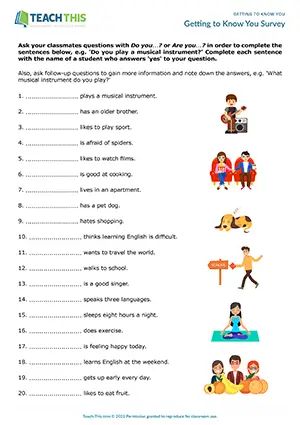 ESL getting to know you activity for A1-A2 elementary: survey, asking and answering questions, classroom speaking